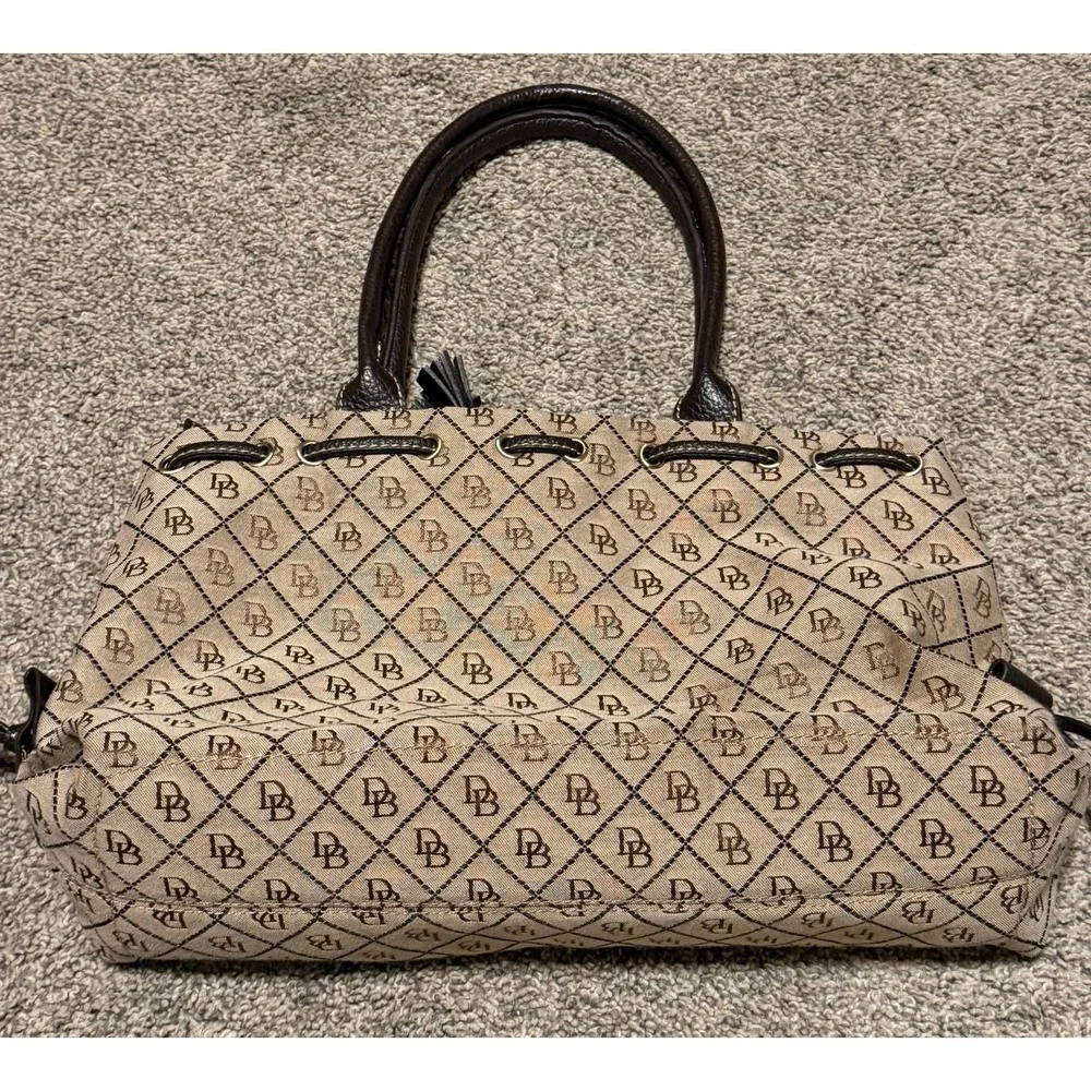 Dooney & Bourke DB Logo Canvas Satchel Bag Brown Leather Drawstring